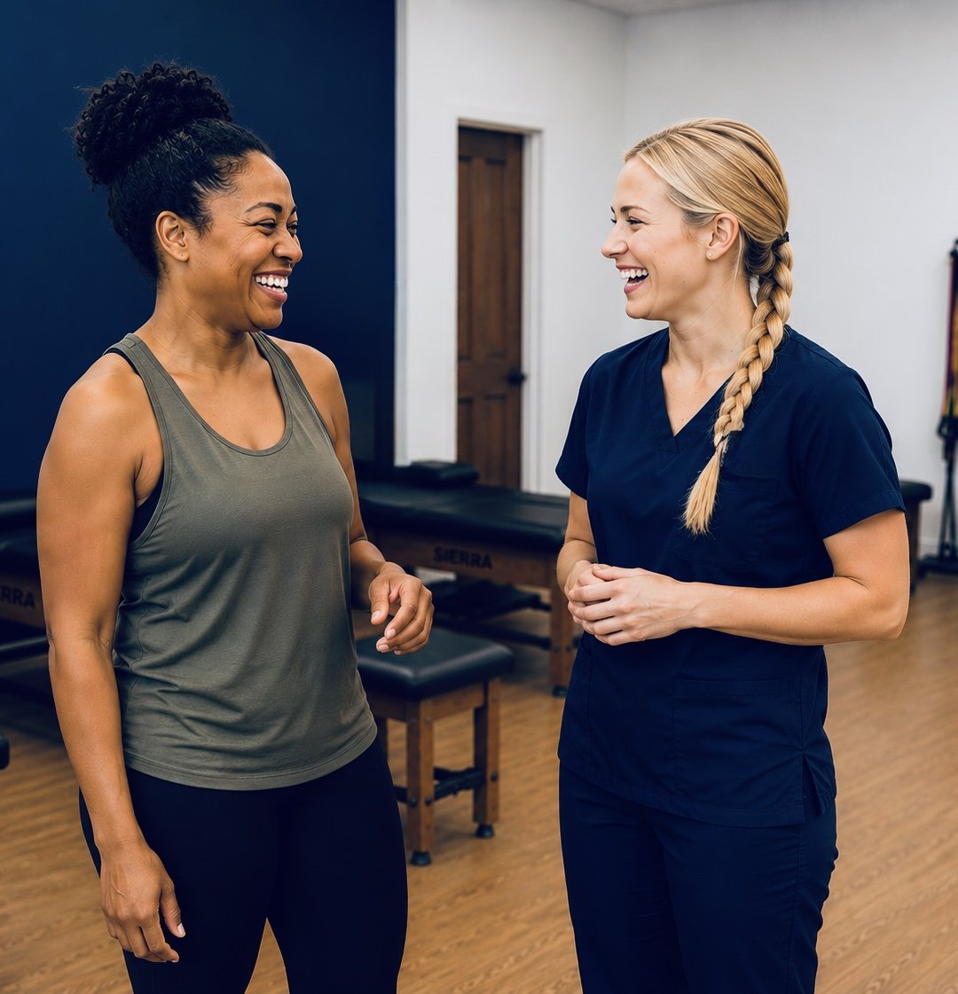 A TRUForm provider sharing a laugh with a happy patient at Texas Functional Health Centers in Dallas, TX